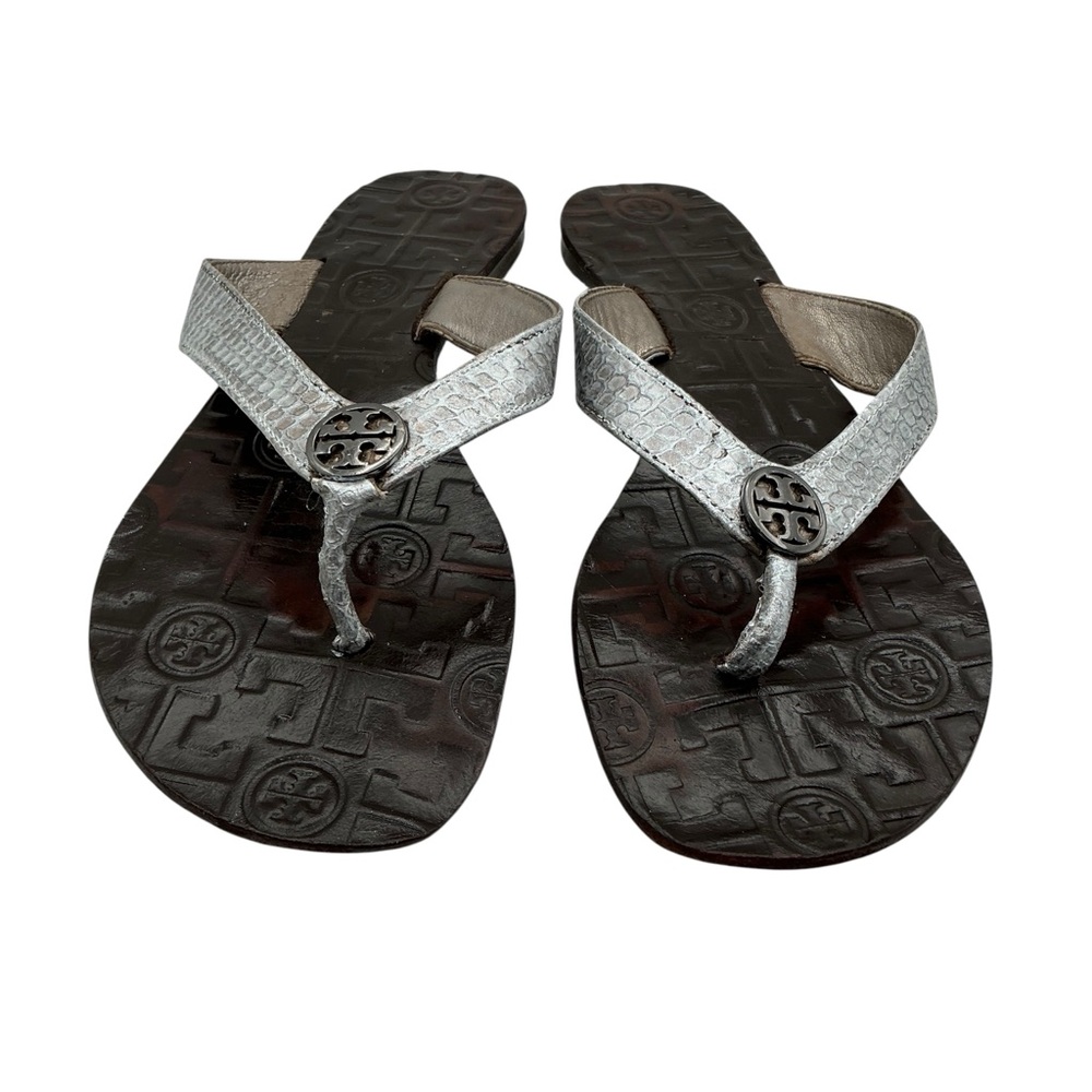 Tory Burch Silver Metallic Logo Thong Sandals on Black Footbed